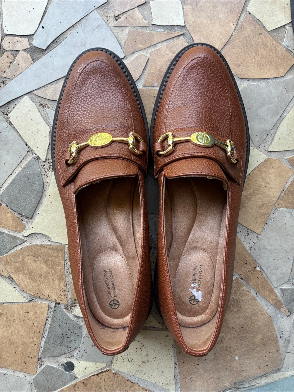 9.5 MEN Gianni Bernini Brown Leather Slip-On Loafers with Gold Horsebit